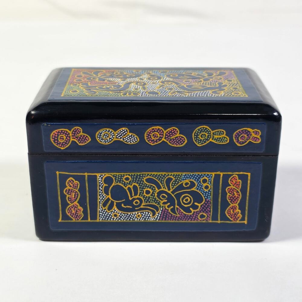 Small Hand Painted Trinket Box Folk Art Rabbits Hearts Floral Wood 2.5x3.5